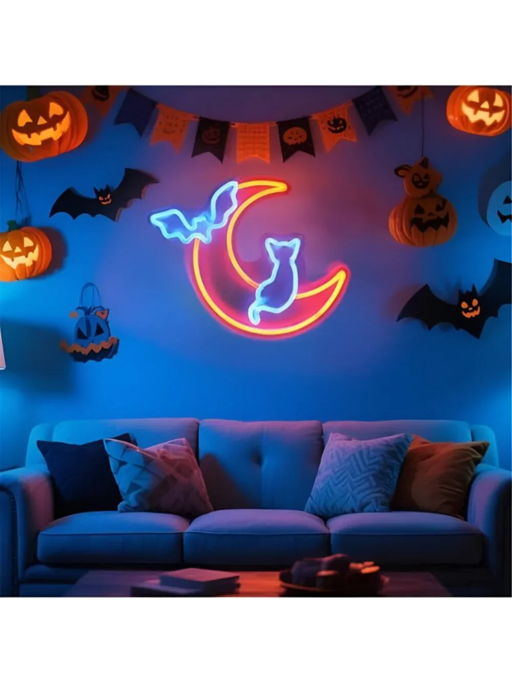 Halloween Neon Sign Wall Decor - Moon&Bat&Cat Themed Halloween LED Lights